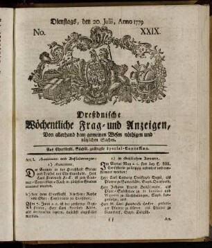 Dienstags, den 20. Julii, Anno 1779. No. XXIX. - Dienstags, den 7. Septbr. Anno 1779. No. XXXVI.