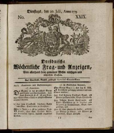 Dienstags, den 20. Julii, Anno 1779. No. XXIX. - Dienstags, den 7. Septbr. Anno 1779. No. XXXVI.
