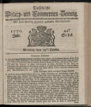 44tes Stueck, Montag den 29ten October. 1770