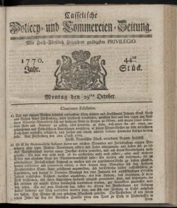 44tes Stueck, Montag den 29ten October. 1770
