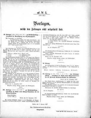 Anlage: ad No.2 (19-22), Vorlagen, welche den Zeitungen nicht mitgeteilt sind