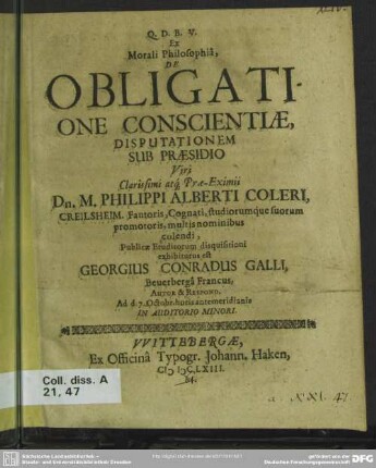 Ex morali philosophia, de obligatione conscientiae, disputationem