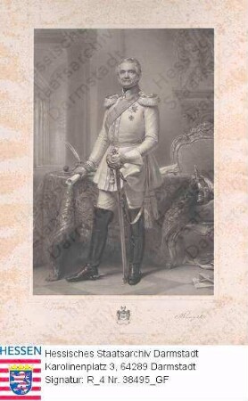 Wrangel, Friedrich Graf v. (1784-1877) / Porträt in Uniform, in Zimmerkulisse stehend, Ganzfigur, mit Unterschrift