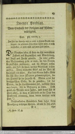 Zweyte Predigt. Vom Einflusse der Religion auf Widerwertigkeit