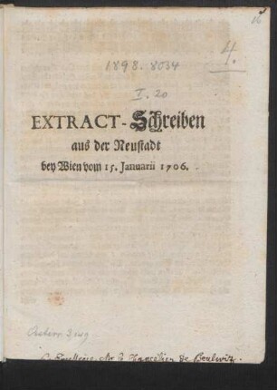 Extract-Schreiben aus der Neustadt bey Wien vom 15. Januarii 1706.