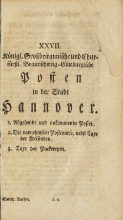 XXVII. Königl. Großbritannischen und Churfürstl. Braunschweig-Lüneburgische Posten in der Stadt Hannover.