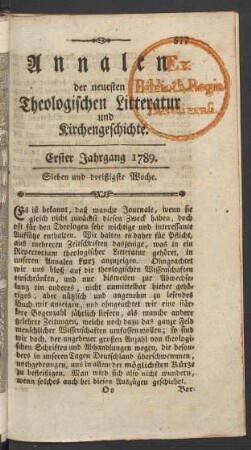 1. Jahrgang, 38. Woche/52. Woche (1789): Annalen der neuesten Theologischen Litteratur und Kirchengeschichte