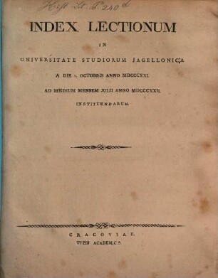 Index lectionum in Universitate Studiorum Jagellonica. 1821/22