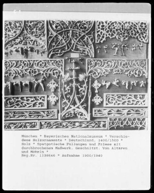 spätgotsiche Füllungen und Friese mit durchbrochenem Maßwerk, von Altären und Möbeln