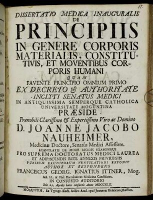 Dissertatio Medica Inauguralis De Principiis In Genere Corporis Materialis, Constitutivis, Et Moventibus Corporis Humani