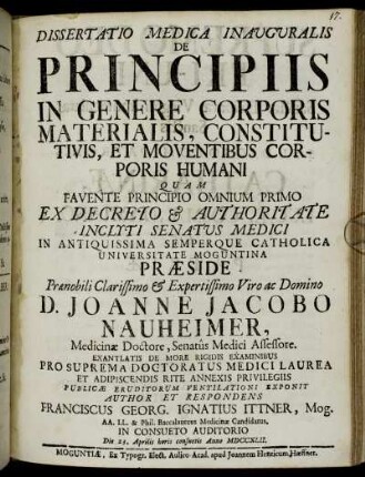 Dissertatio Medica Inauguralis De Principiis In Genere Corporis Materialis, Constitutivis, Et Moventibus Corporis Humani
