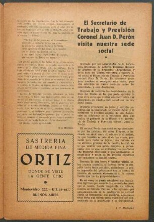 El Secretario de Trabajo y Previsión Coronel Juan D. Perón visita nuestra sede social