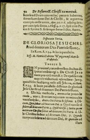 Disputatio Tertia. De Gloriosa Jesu Christi ad dexteram Deo Patris sessione [...]