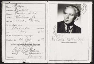Handwerkskarte Nr. 93438259 der Landeshandwerkskammer Sachsen vom 24.09.1952 für den Fotografen Reinhard Berger als Inhaber eines Fotografen-Betriebes mit dem 01.04.1930