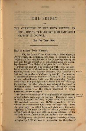 Report of the Committee of Council on Education (England and Wales), 1864/65 (1865)