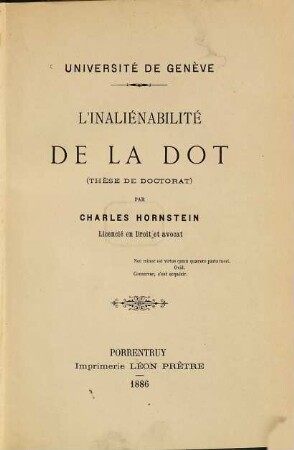 L'inaliénabilité de la dot : Université de Genève. (Thèse de doctorat.)