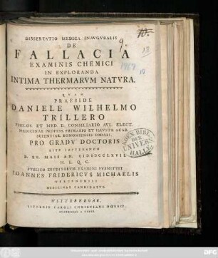 Dissertatio Medica Inavgvralis De Fallacia Examinis Chemici In Exploranda Intima Thermarvm Natvra