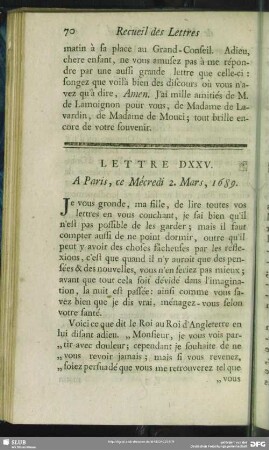Lettre DXXV. A Paris, ce Mécredi 2. Mars, 1689