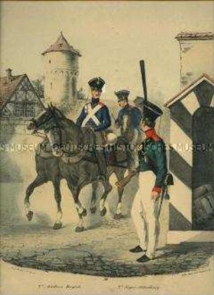 Uniformdarstellung, Artilleristen zu Pferd der 2. Artillerie-Brigade, Jäger am Wachhaus der 2. Jäger-Abteilung, Preußen 1830. Aus: Elzholz u.a.: Das Preussische Heer. Tafel 30.