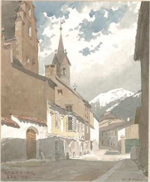 Pfann, Paul; Zeichnungen, Aquarelle, Skizzen - Darstellung einer Ortsstrasse mit Häuserfronten, Kirchturmspitze u. Umgebung, Sterzing (Perspektive)