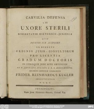 Carvilia Defensa s. De Uxore Sterili : Dissertatio Historico-Juridica