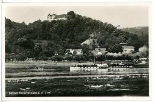 Scharfenberg. Schloss - Elbe mit Dampfer Austria