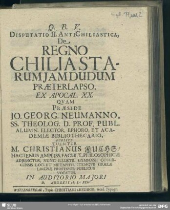 Disputatio II. Antichiliastica, De Regno Chiliastarum Iam Dudum Praeterlapso