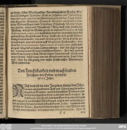 Von Fruchtbarkeit vnd wachsenden Früchten der Erden/ in diesem 1601. Jahre.