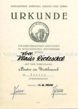 Urkunde zur Ehrennadel "Bester im Wettbewerb" in Bronze
