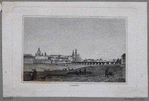 Stadtansicht von Dresden, Blick von Nordosten vom Neustädter Elbufer über die Elbe auf Augustusbrücke und Altstadt