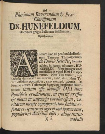 Ad Plurimum Reverendum & Prae-Clarissimum Dn. Hunefeldium, Dominici gregis Pastorem fidissimum, ...