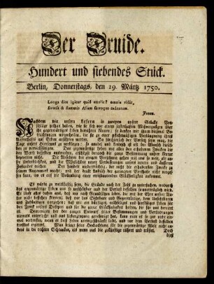 Hundert und siebendes Stück. Berlin, Donnerstags, den 19. Märtz 1750