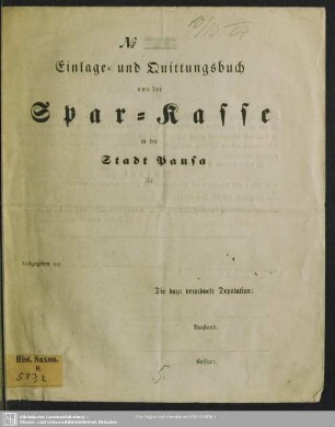 Einlage- und Quittungs-Buch von der Spar-Kasse in der Stadt Pausa für ...