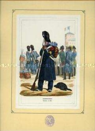 Uniformdarstellung, Grenadier von Elba, Frankreich, 1814. Aus: Bellangé: Die Soldaten der französischen Republik und des Kaiserreichs.