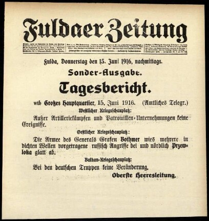 Erste Ausgabe vom Donnerstag, den 15. Juni 1916.