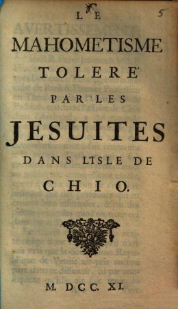 Le Mahometisme Toleré Par Les Jesuites Dans L'Isle De Chio