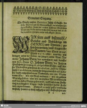 Leichenpredigt : Gemeiner Eingang. Exordium Speciale. Erklärung