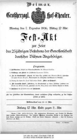 Fest=Akt zur Feier des 25jährigen Bestehens der Genossenschaft deutscher Bühnen=Angehöriger