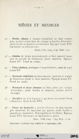 Sièges et meubles (Nr. 92-131) mit Tafeln VII-XII