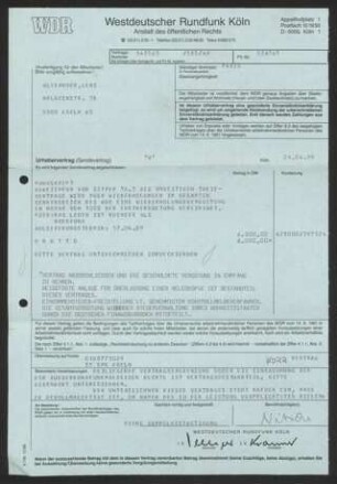 Briefe, Geburtsurkunde : Urhebervertrag zwischen dem WDR Köln und Leni Alexander