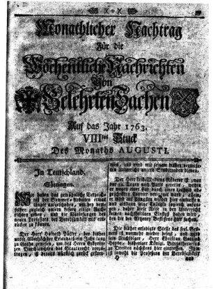 Monathlicher Nachtrag [...] Auf das Jahr 1763. VIIItes Stuck Des Monaths Augusti