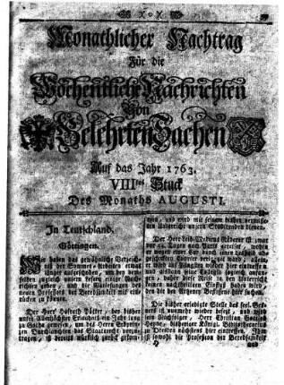 Monathlicher Nachtrag [...] Auf das Jahr 1763. VIIItes Stuck Des Monaths Augusti