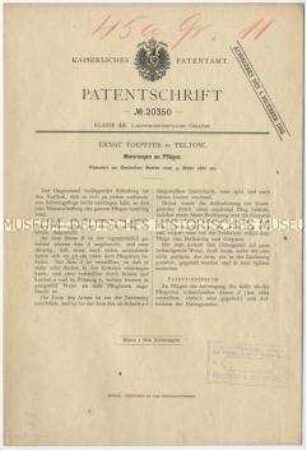 Patentschrift einer Neuerung an Pflügen, Patent-Nr. 20350