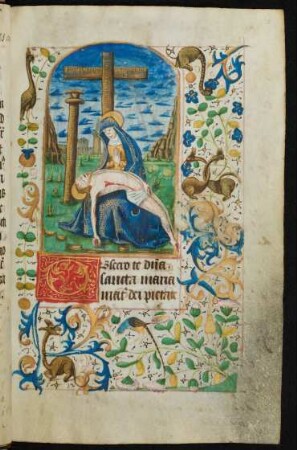 Vollbordürenseite mit Miniatur (Pietá), Goldinitiale O und Blattrankenbordüre