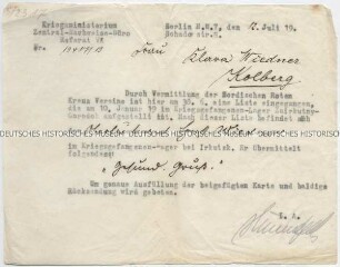 Schreiben des Zentral-Nachweise-Büros an die Mutter eines deutschen Offiziers mit Nachrichten aus sowjetischer Kriegsgefangenschaft