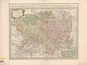 Karte der Oberlausitz, 1:250 000, Kupferstich, 1759 : Le Marquisat De Haute-Lusace : Divisé en ses Cercles et Seigneuries = Marchionatus Lusatiae Superioris Tabula / L. Schenk J. Soon sculpsit. - [Ca. 1:250 000]. - Amsterdam : Covens et Mortier , 1759. - 1 Kt. : kolor. Kupferst. ; 56 x 42 cm