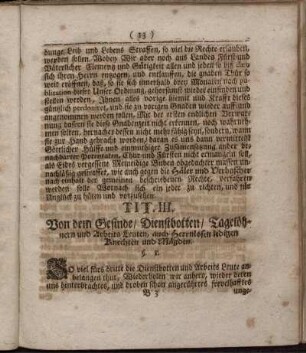 Tit. III. Von dem Gesinde/ Dienstbotten/ Tagelöbnern und Arbeits Leuten, auch Herrnlosen ledigen Knechten und Mägden