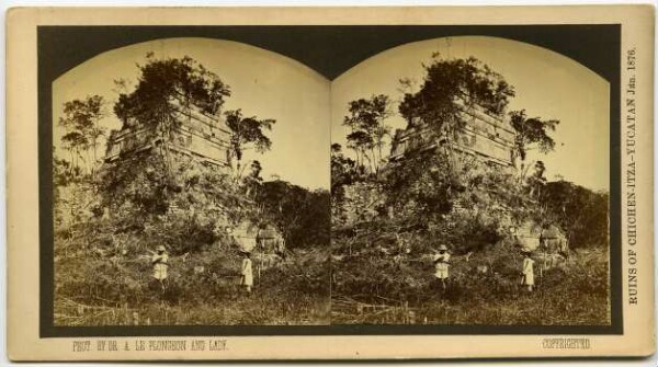 Presumably a jaguar temple at the large ball playground, Madame Le Plongeon and a worker.