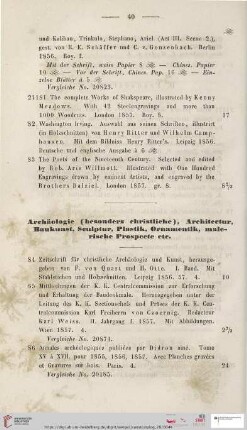 Archäologie (besonders christliche), Architectur, Baukunst, Sculptur, Plastik, Ornamentik, malerische Prospecte etc (Nr. 84 - 38)