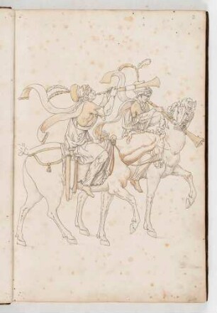Schalmeienspieler auf trabenden Pferden, in: Equestrium statuarum [...] formae [...] artificiosissime pictis, Bl. 3